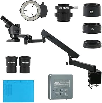 Lab Microscope Accessories 3.5X 90XArticulating Arm Pillar Clamp Zoom Simul Focal Industrial Trinocular Stereo Microscope 55mp 8.3MP 4K HDMI Video CameraA 8.3MP 4K HDMI USB