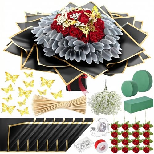 Marspark Graduation Money Bouquet Flower Kit Gift Included 20 Sheet Flower Wrapping Paper 36 Fake Flowers 100 Bamboo Skewer Floral Foam Block for Mother's Day Anniversary Wedding(Red,Classic) by Marspark - Used condition - US$22.24