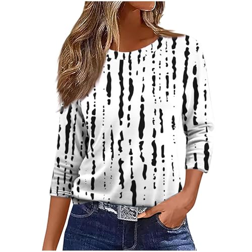 Womens Tops Dressy Casual Crew Neck Pullover 3/4 Length Sleeve Tunic Tops Retro Cute Graphic Tees Cotton Fall Clothes