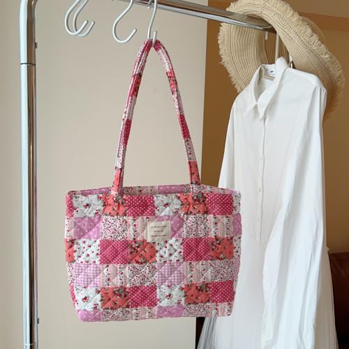 Image of Floral Quilted Cotton Shoulder Bag for Women Medium Size Handbag Large Capacity Thickened Design Tote
