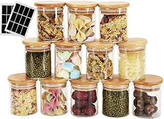 Lawei 12 Pcs Spice Jars with Bamboo Lids Glass Air Tight Food Cereal Storage Container & 24 Labels for Jam Pasta Coffee Tea Flour Cookie Herbs Candy Spices - 120ml