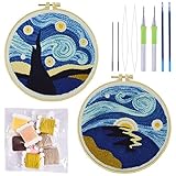 HaiMay 2 Sets Punch Needle Embroidery Starter Kit with Pattern and Instructions, Cross Stitch Kit Include 2 Embroidery Clothes with Sky Pattern, 2 Embroidery Hoops, Color Threads and Tools