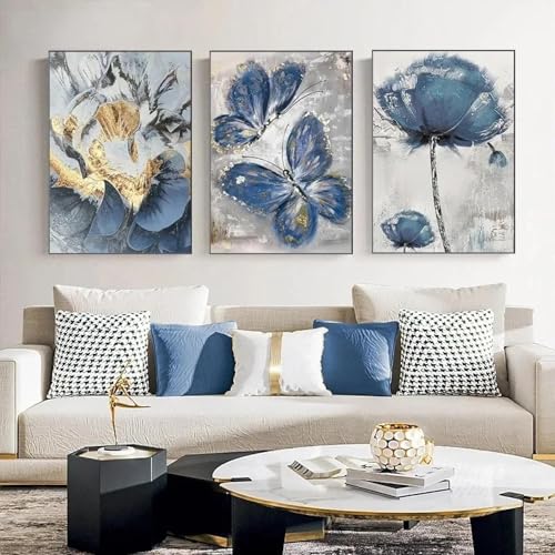 Peinture à l'huile salon moderne triptyque fleurs papillons bleu or Boho