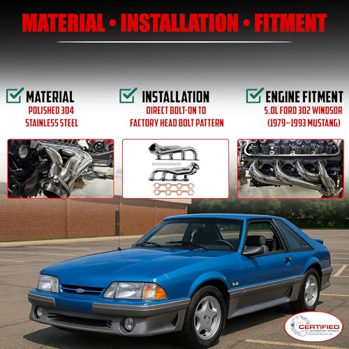 Image of Polished 304 Stainless Steel Shorty Headers For 1979-1993 Ford Mustang 5.0L
