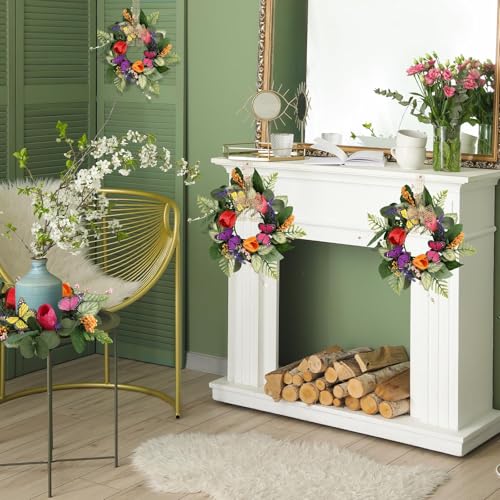 Image of 6 PCS Spring Lavender Tulips Candle Rings Wreaths Artificial Floral Pillar Candle Holder Wreaths with Butterfly Mini Spring Summer Candle Rings for Table Centerpiece Home Farmhouse Cabinet Porch Decor
