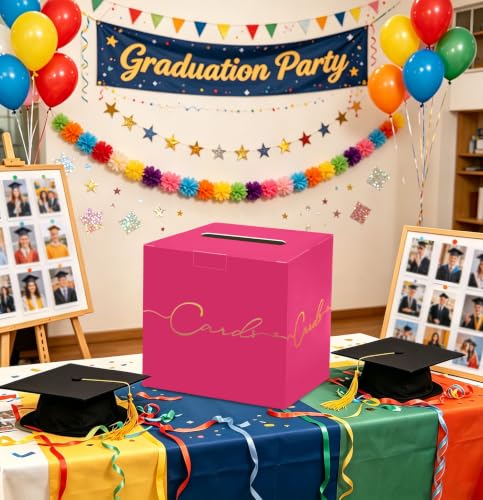 Image of HEIPINIUYE Hot Pink Wedding Card Box with Gold Foil 9.8 inch x 9.8 inch Pink Large Gift Card Box for Party Wedding Reception Graduation Birthday Baby Shower Cardboard Raffle Envelope Box with Slot