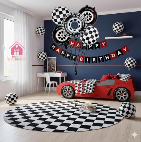 Image of Party Warehouse Racing Car Balloon Set for Birthday - 5 Pieces | Race Car Theme Foil Balloons for Race Lovers | Tyre & Checkered Flag Balloons for Kids /Adults Party Decorations (Tyres Set)