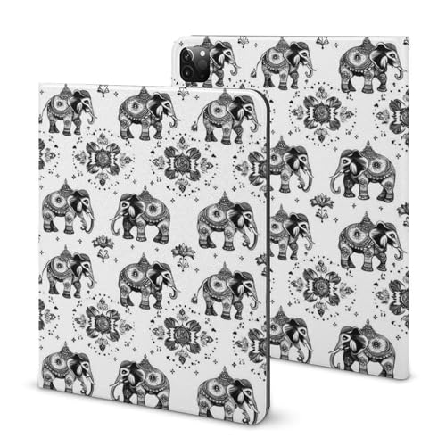 Coque iPad Pro 11 slim motif éléphant noir et blanc avec porte-crayon