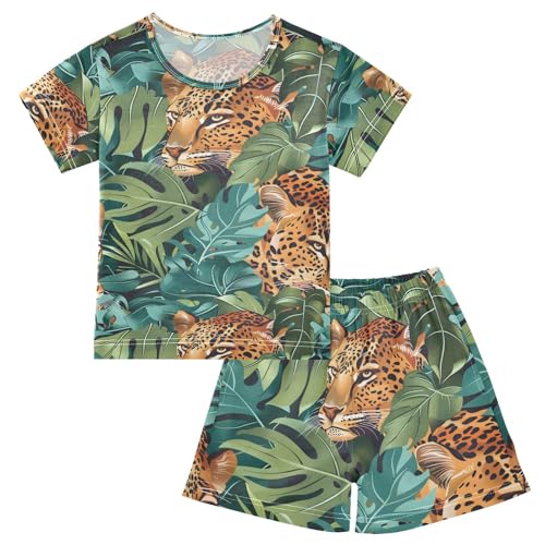 ALAZA Tropical Leaves Leopard Animal Pajamas Short Sleeve 2 Piece Sleepwear Top and Bottom Pajama Set Unisex