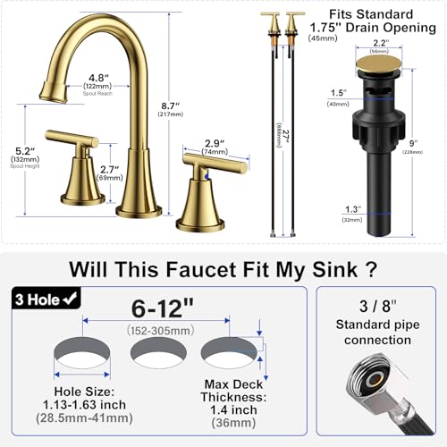 Image of Bathroom Faucet 3 Hole, Brushed Gold Faucets with Drain and Supply Lines | Hurran Stainless Steel Lead-Free Widespread Bathroom Sink Faucet for Vanity RV Restroom Laundry Outdoor Camper, 2 Pack