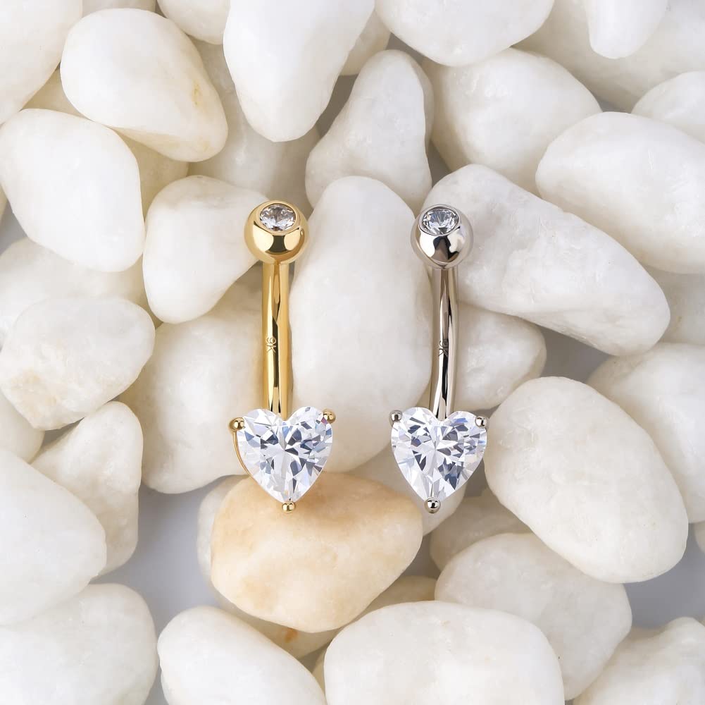 OUFER Carat Gold White Gold Heart Belly Bars Solid Cubic Zircon Belly Button Rings Navel Piercing Jewellery 14 Gauge 1.6mm