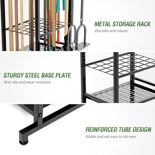 Garden Tool Organizer Rack Up to 50 Tools, Heavy-Duty Steel Yard Tool Organizer for Garage Storage with 11 Hooks, Broom Holder & Garden Tool Rack for Shed, Patio, Outdoor Use, Black - Image 5