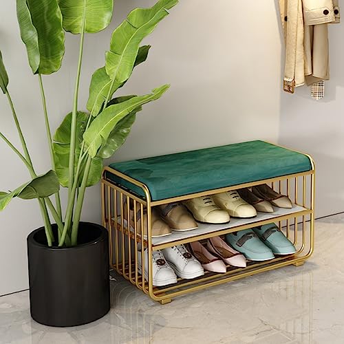 Otomana de terciopelo verde con zapatero y banco de marco de metal dorado, diseño de 2 niveles para sala de estar o dormitorio, 23.6 x 13.8 pulgadas