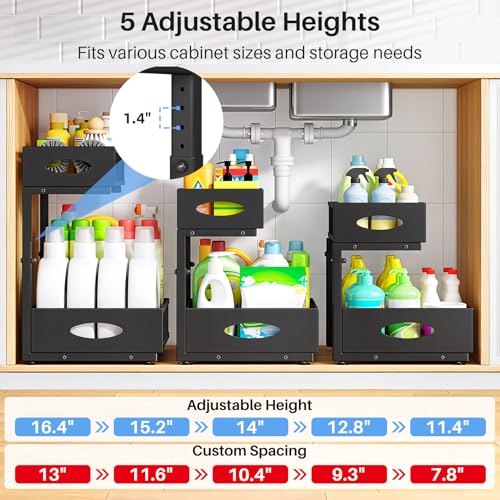 Image of Under Sink Organizer, 2 Pack 2 Tier Pull Out Under Cabinet Organizer Shelf with Pad for Framed Cabinets, Metal Slide Out Under Sink Storage, Mesh Sliding Drawers for Kitchen Bathroom Laundry, Black