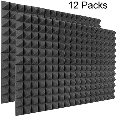 Acoustic Foam Panels, 2" X 12" X 12" Acoustic Foam Sound Absorption Pyramid Soundproofing Studio Treatment Wall Panels, Sound Dampening Studio Wedge Tiles，Sound Insulation (Black-12 pack)