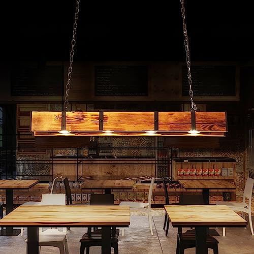 Lustre industriel en bois rétro à hauteur réglable pour éclairer une grande table