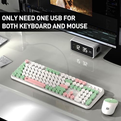 Image of Cute Wireless Keyboard and Mouse Combo,Round Keycaps,for Long Nails,Green | Aesthetic Bubble Keys,Retro Typewriter Style,Clicky Sound,2.4GHz USB Receiver,Full-Size with Number Pad for PC Laptop Desktop