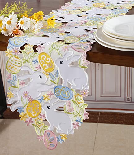 Easter Table Runner Spring Bunnys Flowery Table Runner Cutwork Embroidered Floral And Bunnys Dresser Scarf Table Topper Home Kitchen Dining Tabletop Decoration (Runner 13"×36", Bunny) #TOP5