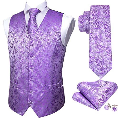 Pink Floral Silk Vest Waistcoat Men Slim Suit Vest Silver Necktie Handkerchief Cufflinks Tie Vest