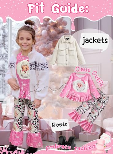 Image of Toddler Little Girl Christmas Outfit - Pink Santa Claus Clothes Long Sleeve Ruffle Top Leopard Print Flare Pant Set