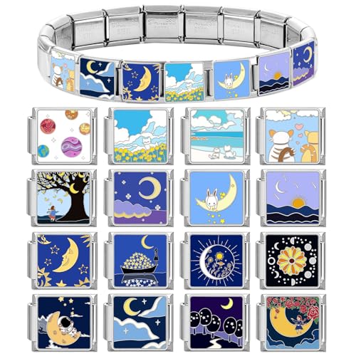 papasgix Custom Italian Charm Bracelet Charms Silver Set 10 Personalized Stainless Steel Charm Brascelets 9mm Assorted Italian Charms Bracelet Links Handmade DIY Jewelry Flowers Words Moon Pink4