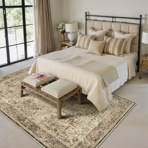 6x9 Area Rug Washable Vintage Neutral Living Room Carpet Large Indoor Non Slip Brown Bedroom Distressed Low Pile Retro Accent Throw Rug for Dining Room