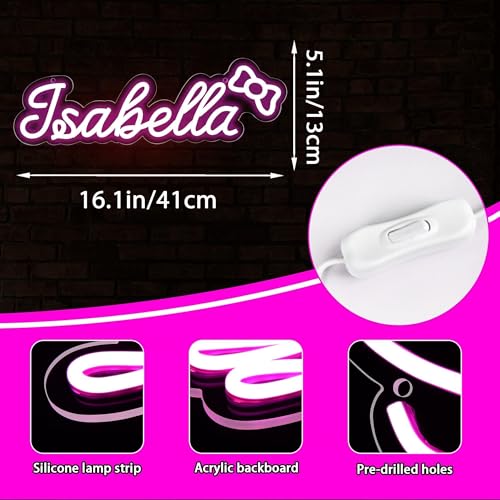 Image of Isabella Name Neon Sign,LED Name Neon Light for Kids Bedroom,Birthday Party Decoration,Neon Sign Customizable for Wall Decor,Perfect Choice for Girls,Size 16.1 * 5.1 inches(JTD0175)