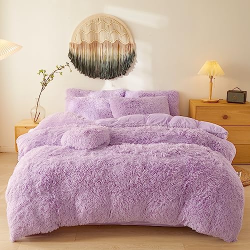 Lavender Plush Comforter Cover Set,Ultra Soft Shaggy Duvet Cover Bedding Sets Queen 3 Pieces with Pillow Cases, Fluffy Purple Bed Set Zipper Closure (Lavender, Queen)