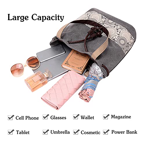 Image of Women Shoulder Bag Canvas Tote Bag Retro Drawstring Bucket Bag Ladies