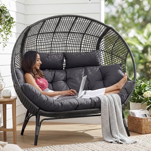 NICESOUL® Double Egg Chair Indoor Outdoor Stationary Oversized 6.5' Thick Padded Cushions,2 Person Egg Wicker Loveseat Chair, Extra Large Lounge Chair for Patio Balcony Porch Backyard Gray