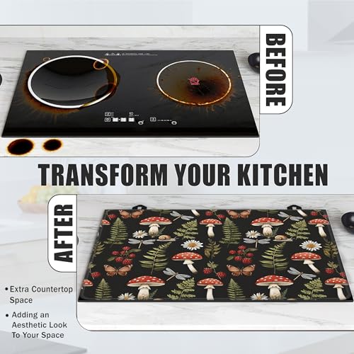 Image of Stove Top Covers for Electric Stove,Red Mushroom Flat Top Stove Cover,Green Herb Butterfly Heat Resistant Glass Top Stove Cover Protector Anti-Slip Range Covers, 28 x 20 Inch