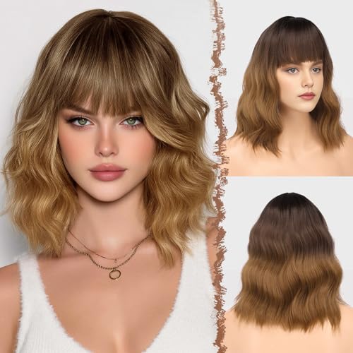 FESHFEN Perucas pretas a castanho onduladas com franjas para mulher, 35 cm peruca Bob encaracolado curta sintética perucas de cabelo parte média comprimento do ombro de festa