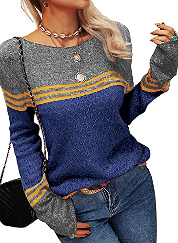 Image of Grlasen Women Fashion Autumn Winter Colorblock Pullover Knitting Sweater Round Neck Knitwear Tops