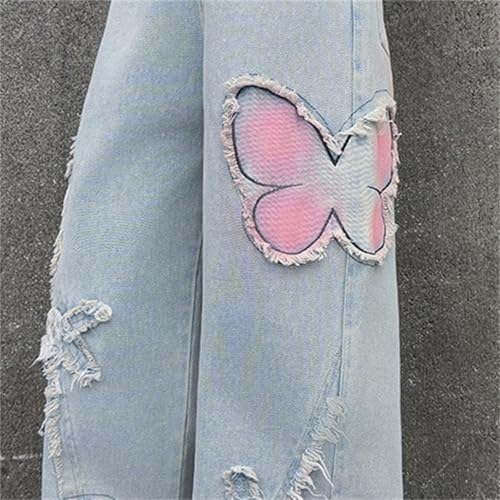 Girls Baggy Jeans Butterfly Patchwork Denim Pants Raw Hem Jeans High Waisted Wide Leg Denim Pants Casual Loose Trousers4