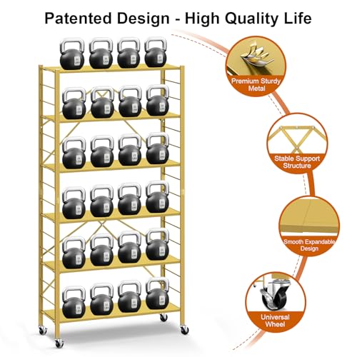 Image of Himix 6-Tier Foldable Storage Shelves Expandable Shelf Wheels Gold 2-in-1 | Folding shelving units, Metal collapsible organization, Changeable into 2 shelf units, Bookshelf, Garage, Holds 3600 Ibs