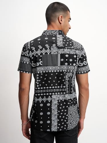 Image of Highlander Men's's Slim Fit Ethnic Motif Printed Casual Shirt | Short Sleeves, Button Closure & Modern Tailored Fit