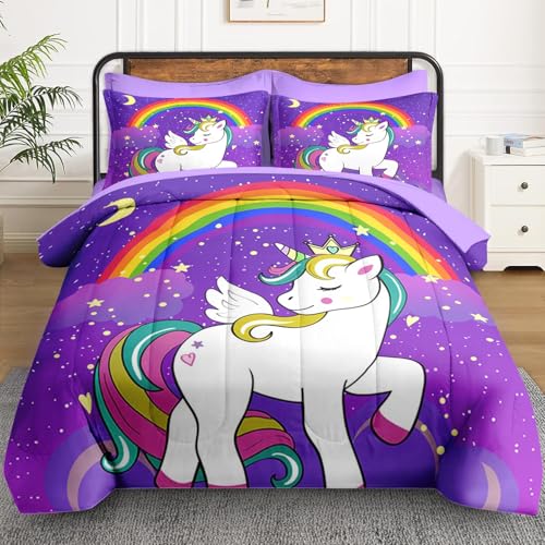 WeCozy Twin Size Comforter Set with Pillowcase & Sham, Cute Unicorn Purple Space 5 Pcs Bedding for Kids and Teens, Animal Rainbow Horse Bed in a Bag with Flat Fitted Sheet