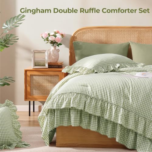 Image of Queen Comforter Set Green Gingham Ruffle 7 Pieces Farmhouse Bed in a Bag | Shabby Chic Fluffy Bedding Sets with Sheets, Pillowcases & Shams