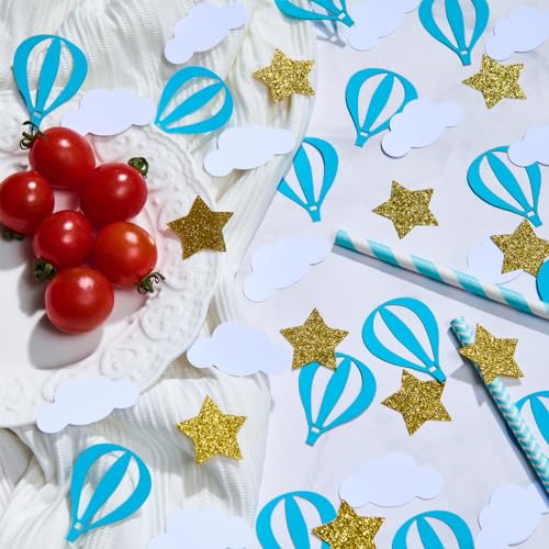 Image of Gold Star White Clouds and Blue Hot Air Balloons Confetti Table Decoration for Baby Shower Graduation Birthday BBQ Theme Party,1.2 inch in Diameter,200 Counts