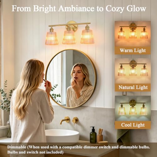 Image of Bathroom Light Fixtures, 3-Light Gold Bathroom Vanity Lights Over Mirror