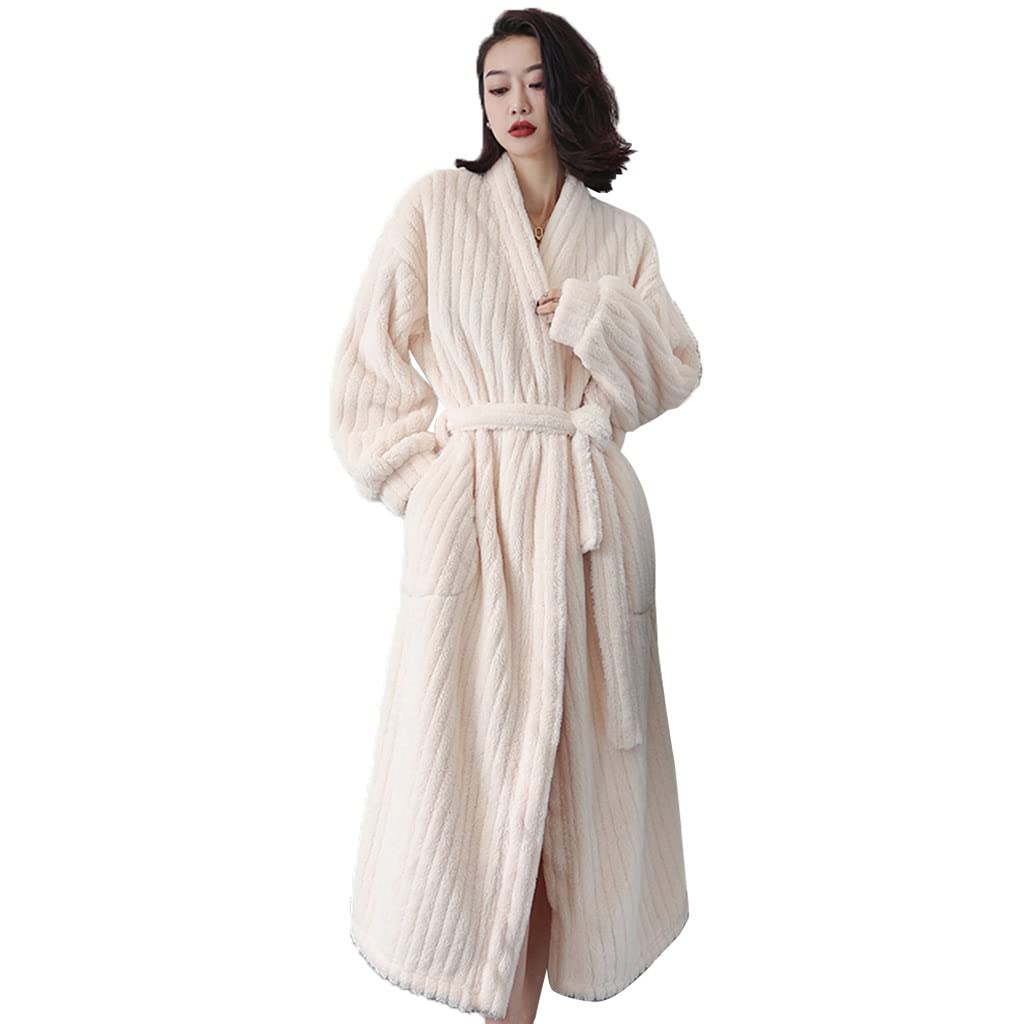 Bath Robes Towel Dressing Gown for Women Soft Flannel Fleece Full Length Comfy Full Length Warm Nightdress Beige-M