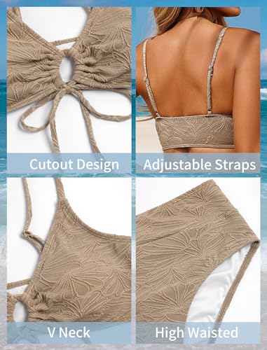 Image of ZAFUL Bikini Sets for Women String 2 Piece Swimsuits High Waisted Bathing Suit V Neck Cut Out Swimwear