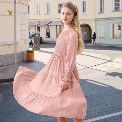 Girls Dresses Casual Long Sleeve Dresses for Girls Fall Winter High Waist Smocked Flowy Tiered Midi Party Girls Dress3