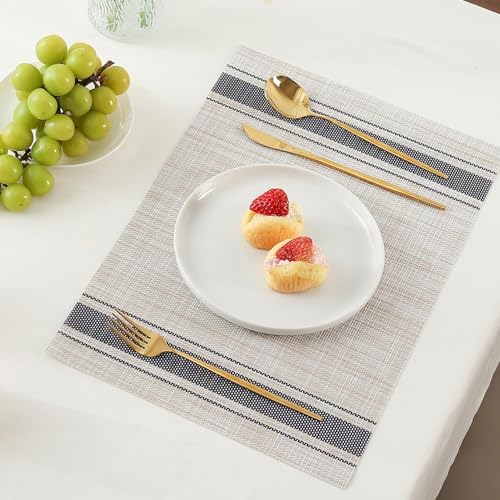 Image of Placemats Set of 6 Dining Table Place Mats | Placemats Table Mat PVC Material | Non-Slip Heat Resistant | Dining Tablemates Washable Anti-Skid | Size 45 x 30cm (Khakhi Blue)