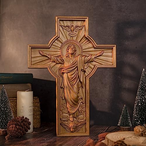 Bgcopper Ascension Of Jesus Handmade Crucifix Wall Cross, Catholic Wall Decor Wooden Christian Decoration Gift Wood Carving Crucifix Handmade Craft, 14 In #TOP5