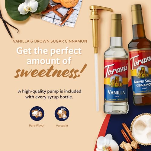 Image of Torani Syrups, Brown Sugar Cinnamon and Vanilla Syrup Variety 2-Pack, Coffee Syrups for Drinks, Pumps Included, 25.4 Fl Oz Ea