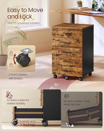 Image of VASAGLE CUSTOS Collection - File Cabinet, Mobile Pedestal Filing Cabinet with Wheels, Printer Stand with 5 Drawers, Tool-Free Sliding Rails, for Study, Home Office, Rustic Brown UOFC081KD01S