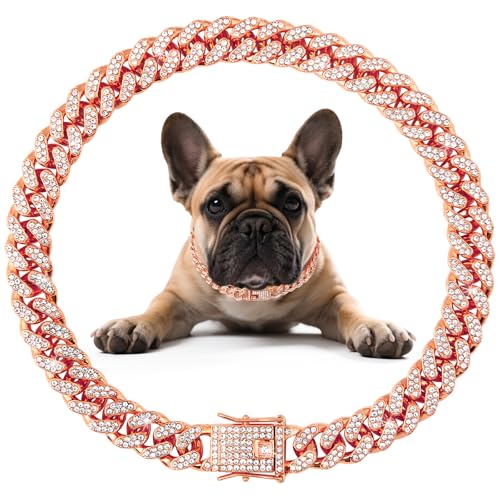 Cuban Link Dog Collar Rose Glod Crystal Dog Necklace Metal Chain Collar with Design Secure Buckle Pet Collar Jewelry Accessories for Small Medium Large Dogs Cats(Rose Glod XXS 9inch)