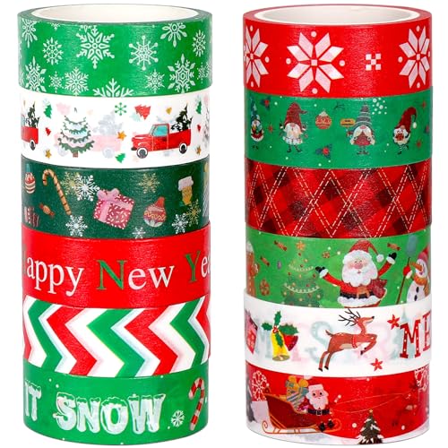 SANNIX 12 Rolls Christmas Washi Tapes 15mm Wide Christmas Tree Snowflakes Santa Claus Gingerbread...