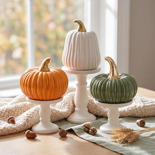 Ferrochef Set of 3 Ceramic Pumpkins for Home Decor Pumpkin Fall Harvest Decor Autumn Tabletop Accent for Thanksgiving Fall Harvest Halloween Farmhouse Table Centerpiece Seasonal(Color Blocked Style)